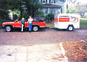 The Gallo brothers leave for California in a convertible truck and a trailer with Vera glued to the roof. She made it all the way across America! March 1991.